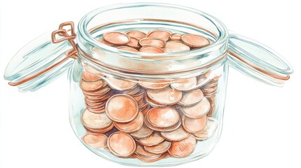 A Glass Jar Filled to the Brim with Copper Coins A Watercolor Painting of Savings and Financial Security