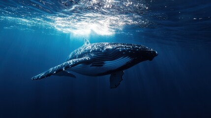 Fototapeta premium Humpback whale swimming in deep blue ocean underwater