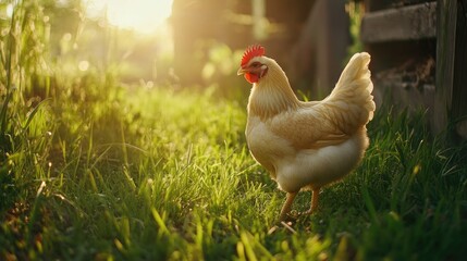 Fototapeta premium A Silkie chicken strolling through a farmyard with soft golden light, the lush green grass framing its delicate form.