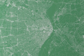 Stylized map of the streets of St Louis (Missouri, USA) made with white lines on green background. Top view. 3d render, illustration