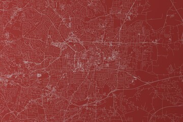 Map of the streets of Greensboro (North Carolina, USA) made with white lines on red background. Top view. 3d render, illustration