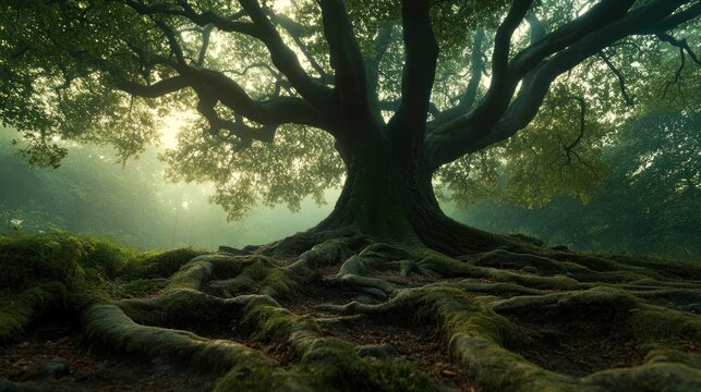 Majestic ancient oak tree with sprawling roots in a misty woodland setting