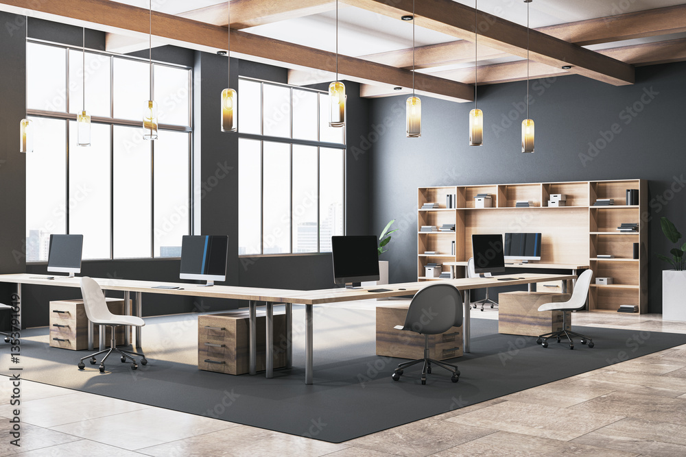 Poster modern office interior with sleek furniture and large windows. 3d rendering