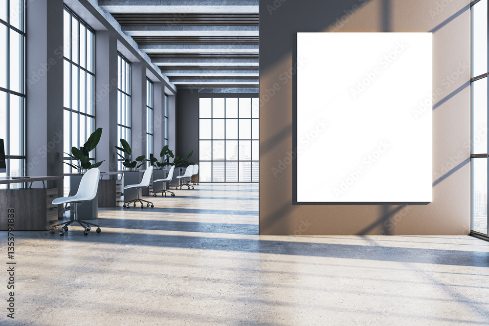 Poster modern office interior with large blank vertical poster on the wall. 3d rendering