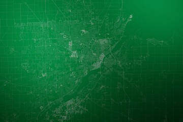 Map of the streets of Toledo (Ohio, USA) made with white lines on abstract green background lit by two lights. Top view. 3d render, illustration