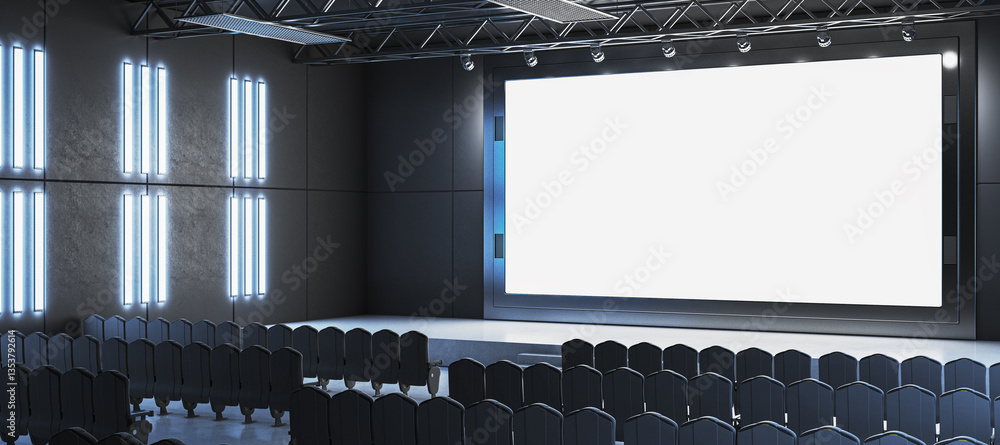 Poster modern cinema hall with large blank screen and empty black seats. 3d rendering