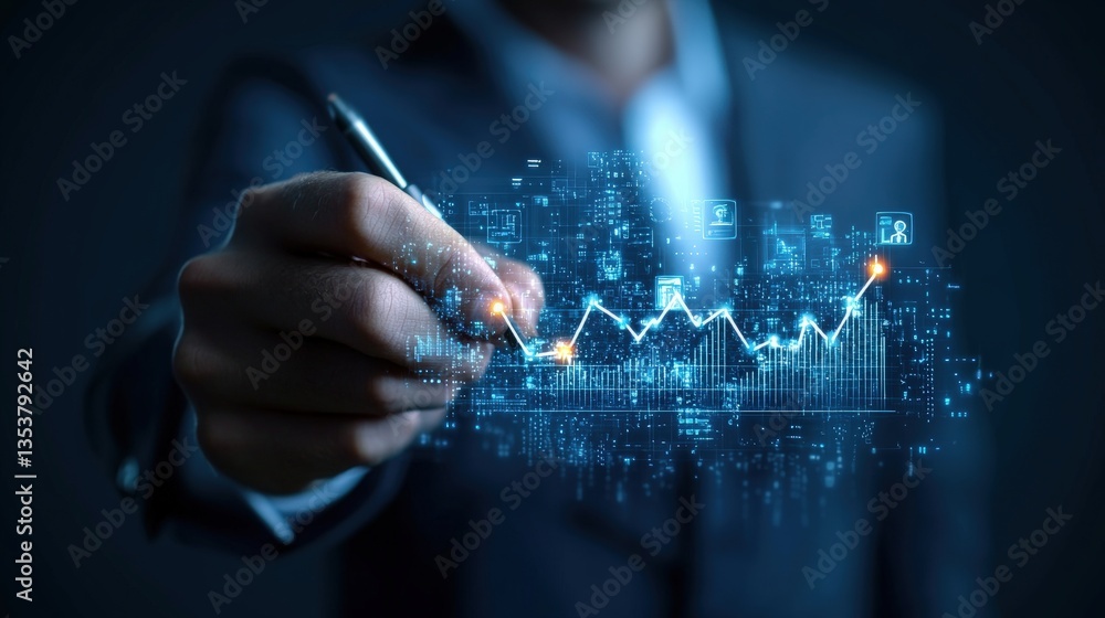 Poster close-up of business professional in suit drawing upward graph on digital background with data point
