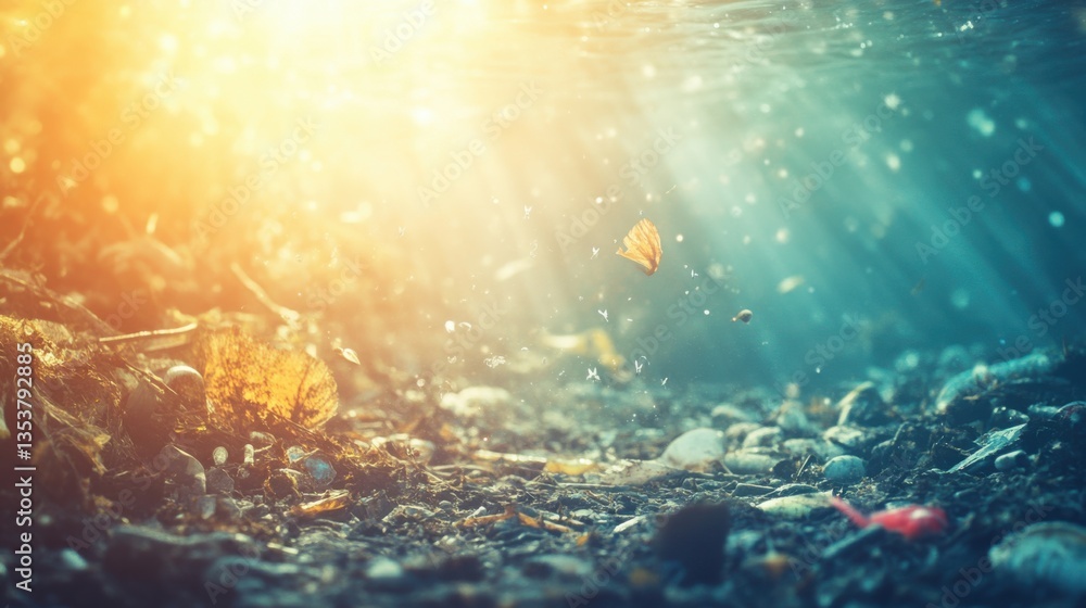 Poster sunny underwater scene with natural elements and floating particles in an ethereal light atmosphere