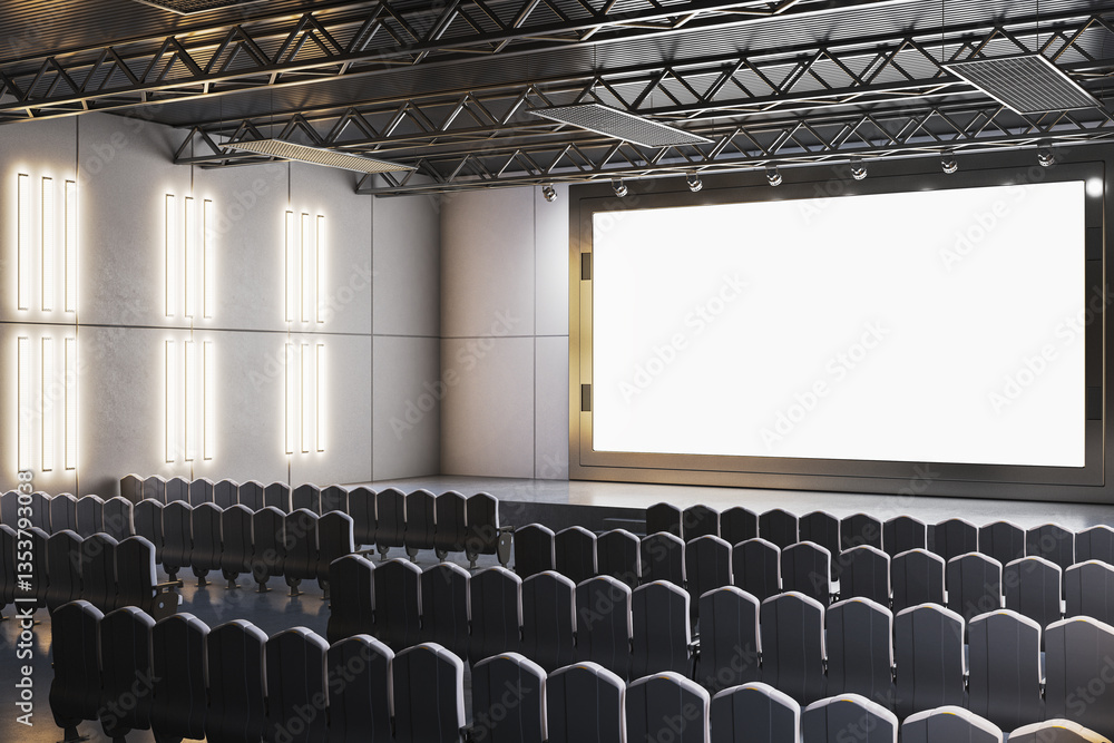 Poster empty cinema auditorium with large blank screen and modern interior lighting. 3d rendering