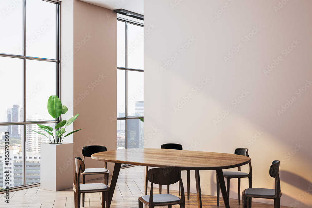 Poster modern dining space with wooden table and chairs in bright interior. 3d rendering