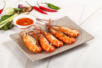 Boiled tiger prawn with sauce