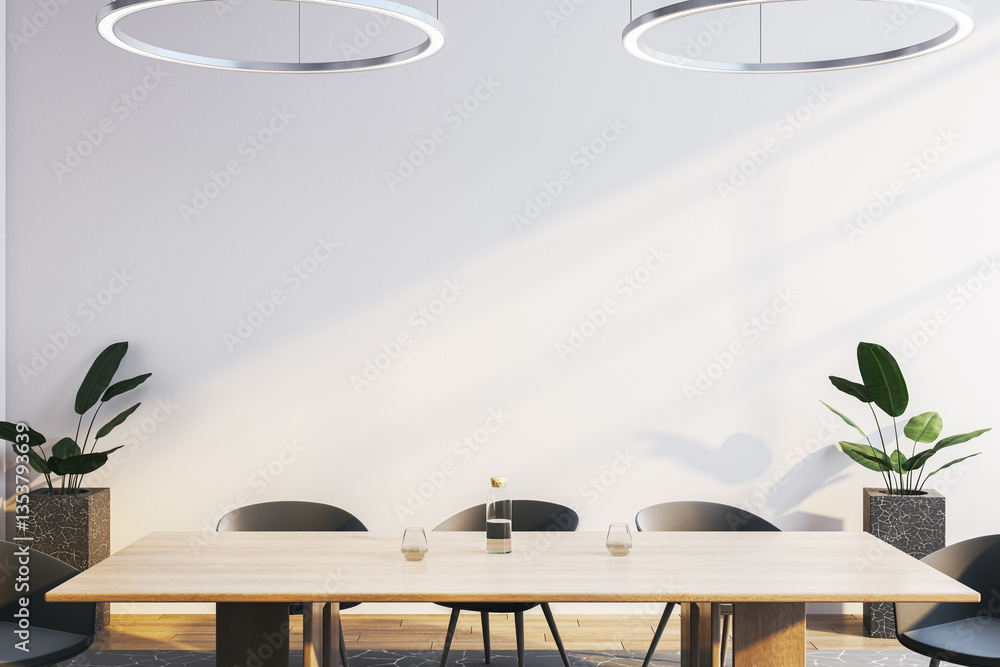 Poster modern dining room with wooden table and black chairs, illuminated by elegant circular ceiling light