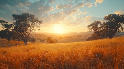 Obraz premium Golden sunset over rolling hills and tall grass.