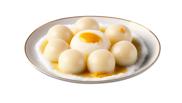 Delicate Sweet Rice Balls with Mango Sauce and Coconut Flakes