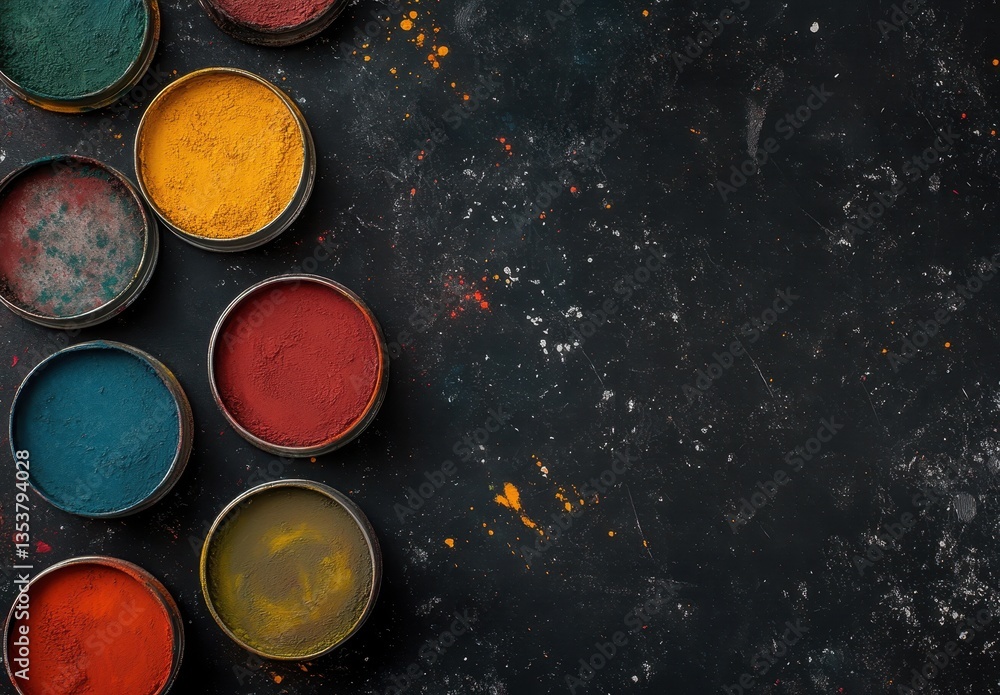 Poster vibrant colored powders in small containers arranged on dark surface for artistic use and creative a