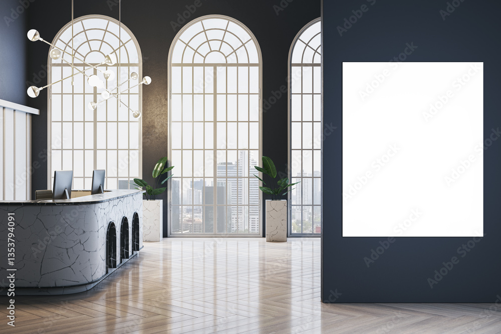 Aufkleber Modern office reception with blank vertical canvas on dark wall. 3D Rendering