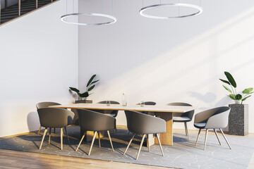 Modern dining room with wooden table, gray chairs, and elegant lighting. 3D Rendering