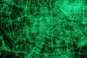 Map of the streets of Foshan (China) made with green illumination and glow effect. Top view on roads network. 3d render, illustration