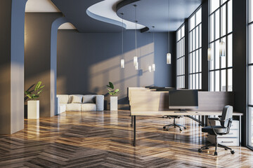 Modern office interior with stylish design and parquet flooring. 3D Rendering