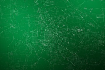 Fototapeta premium Map of the streets of Tianjin (China) made with white lines on abstract green background lit by two lights. Top view. 3d render, illustration