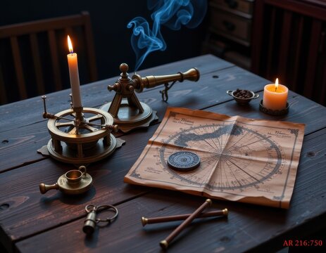 Antique navigational tools and chart displayed on a wooden table in a dimly lit room
