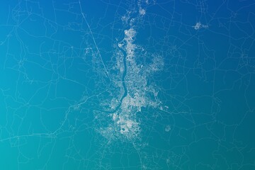 Map of the streets of Kolkata (India) made with white lines on greenish blue gradient background. 3d render, illustration