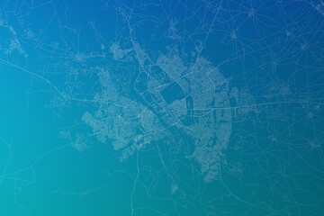 Map of the streets of Mosul (Iraq) made with white lines on greenish blue gradient background. 3d render, illustration