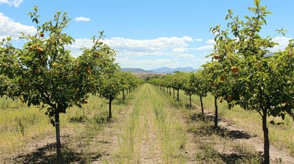 Naklejka premium Apricot trees standing in neat rows, thriving in a warm and dry summer climate.