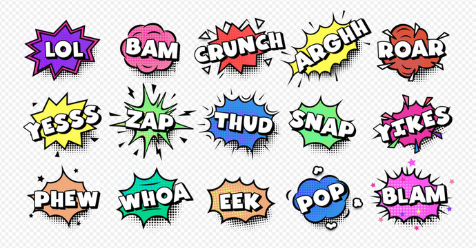 Colorful comic art sound effect words with speech bubbles, explosions, and dynamic typography. Perfect for comics, pop art, stickers, social media, and retro designs. Vector illustration