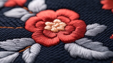 Embroidered floral textile close-up