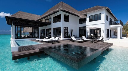 Fototapeta premium A luxury overwater villa in the Maldives, with crystal-clear waters and a private deck with sun loungers