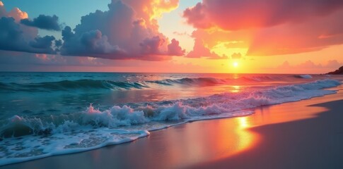 Fototapeta premium Gentle ocean waves lapping shore, vibrant sunset sky, calm, summer, coast