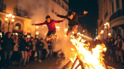 Naklejka premium Two men joyfully leap over a bonfire during a lively night celebration.