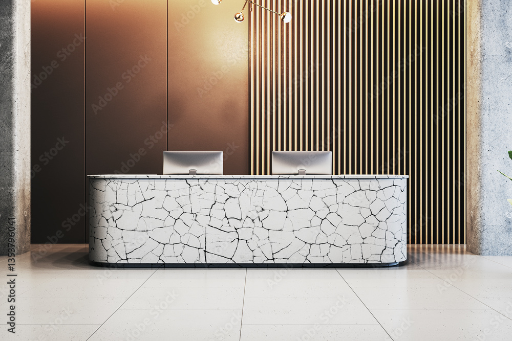 Poster modern reception desk with cracked white texture in contemporary office lobby. 3d rendering