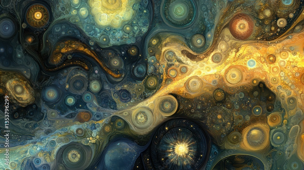 Poster complex neural network interacting with planets and galaxy, symbolizing artificial intelligence expa