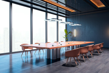 Modern conference room with wooden table and brown chairs. 3D Rendering