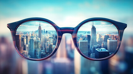 Glasses framing a vibrant view of New York City skyline in a conceptually inspired business setting
