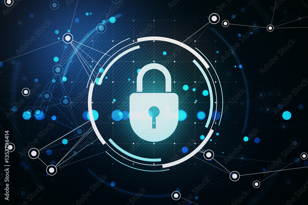 Poster cybersecurity digital lock icon on futuristic blue network background. 3d rendering