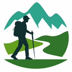 Hiker Silhouette on Mountain Trail - Outdoor Adventure Vector Art
