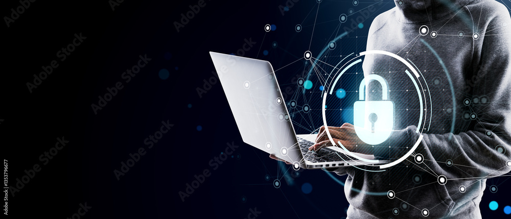 Poster Cybersecurity concept with hooded person using laptop and digital lock symbol on futuristic network background.