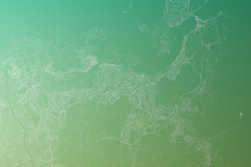 Map of the streets of Kitakyushu (Japan) made with white lines on yellowish green gradient background. Top view. 3d render, illustration