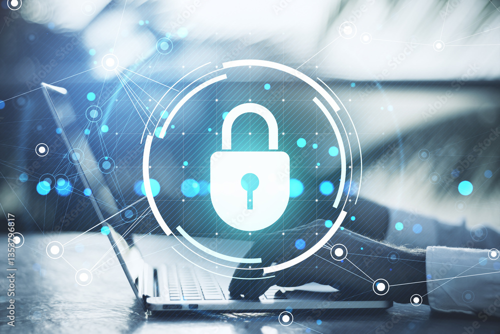 Aufkleber Cybersecurity digital padlock icon with glowing network lines on blurred background.