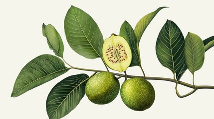 Delicate rendering of a ripe guava in vintage botanical style, with intricate leaf structures and classic soft tones.