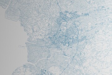 Fototapeta premium Map of the streets of Kumamoto (Japan) made with blue lines on white paper. 3d render, illustration