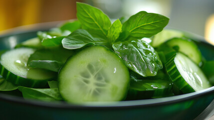 Obraz premium Close-up of a light spring salad with spinach, cucumber, and fresh herbs, lightly dressed with lemon juice and olive oil, showcasing a clean and fresh look