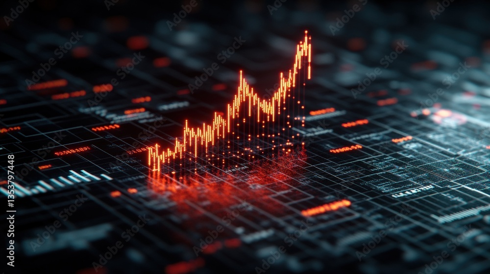 Poster a stylized 3d rende of a glowing orange stock market graph rising over a dark circuit board backgrou