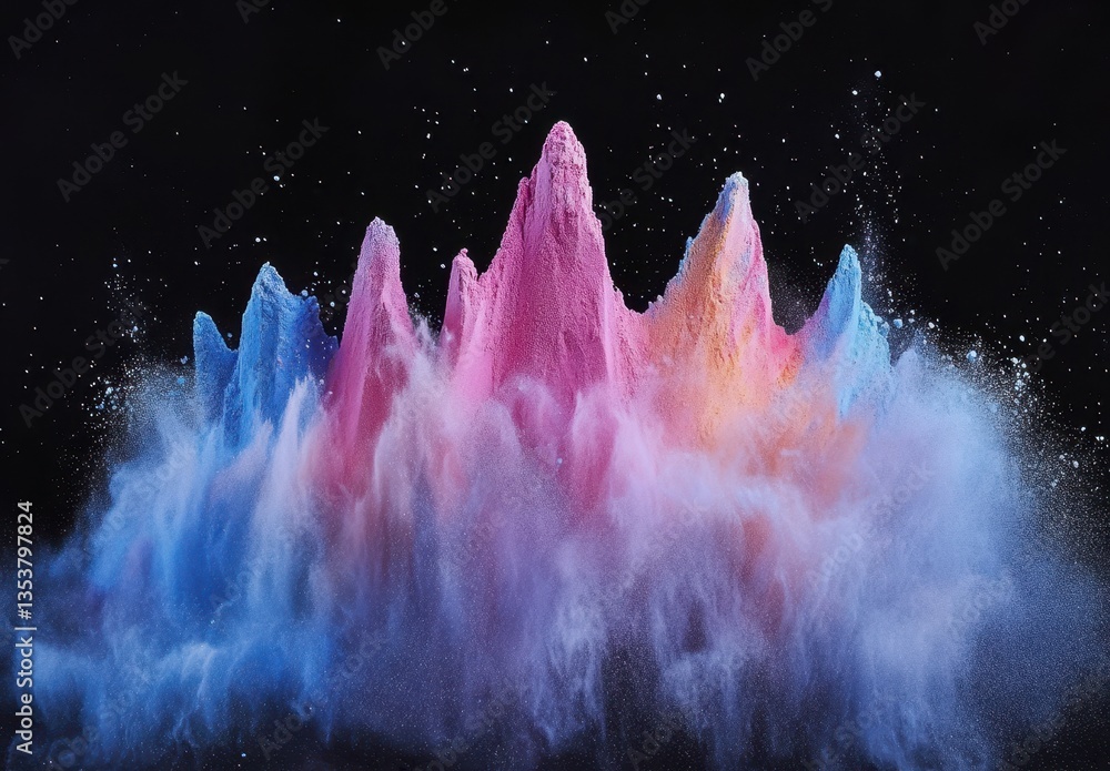 Poster vibrant colorful explosion of powder creating a mountain-like structure against a dark background sh