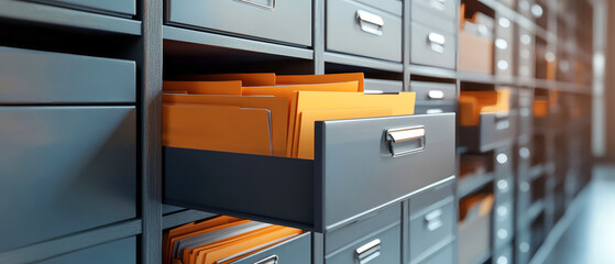 Office shelves display open drawer overflowing with vibrant orange documents in a modern workspace setting
