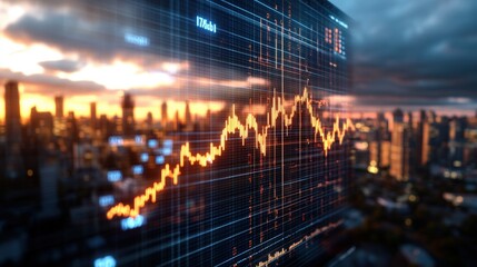 Dynamic Stock Market Graph Over Cityscape at Sunset Showcasing Financial Data Fluctuations Against Backdrop of Urban Development and Architecture