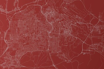 Map of the streets of Daegu (South Korea) made with white lines on red background. Top view. 3d render, illustration